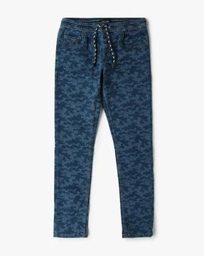printed jeans with drawstring waist