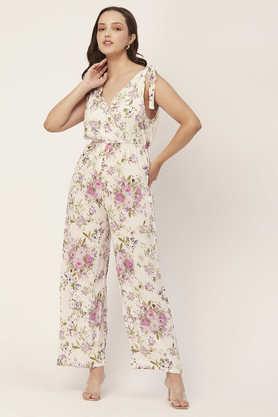 printed jumpsuit for women sleeveless tie-up v-neck loose romper - white