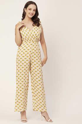 printed jumpsuit for women sleeveless tie-up v-neck loose romper - yellow