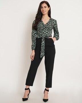 printed jumpsuit with waist tie-up detail