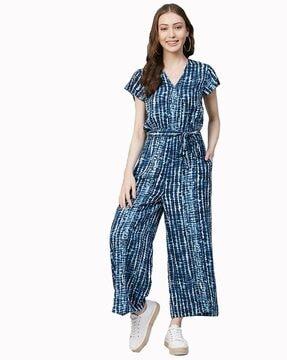 printed jumpsuit with waist tie-up