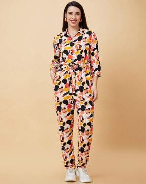 printed jumpsuit with waist tie-up