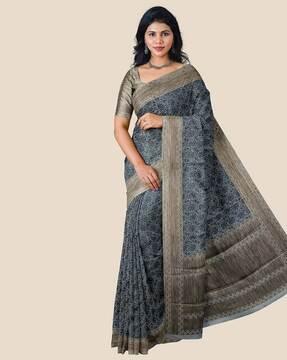 printed jute cotton saree with contrast border