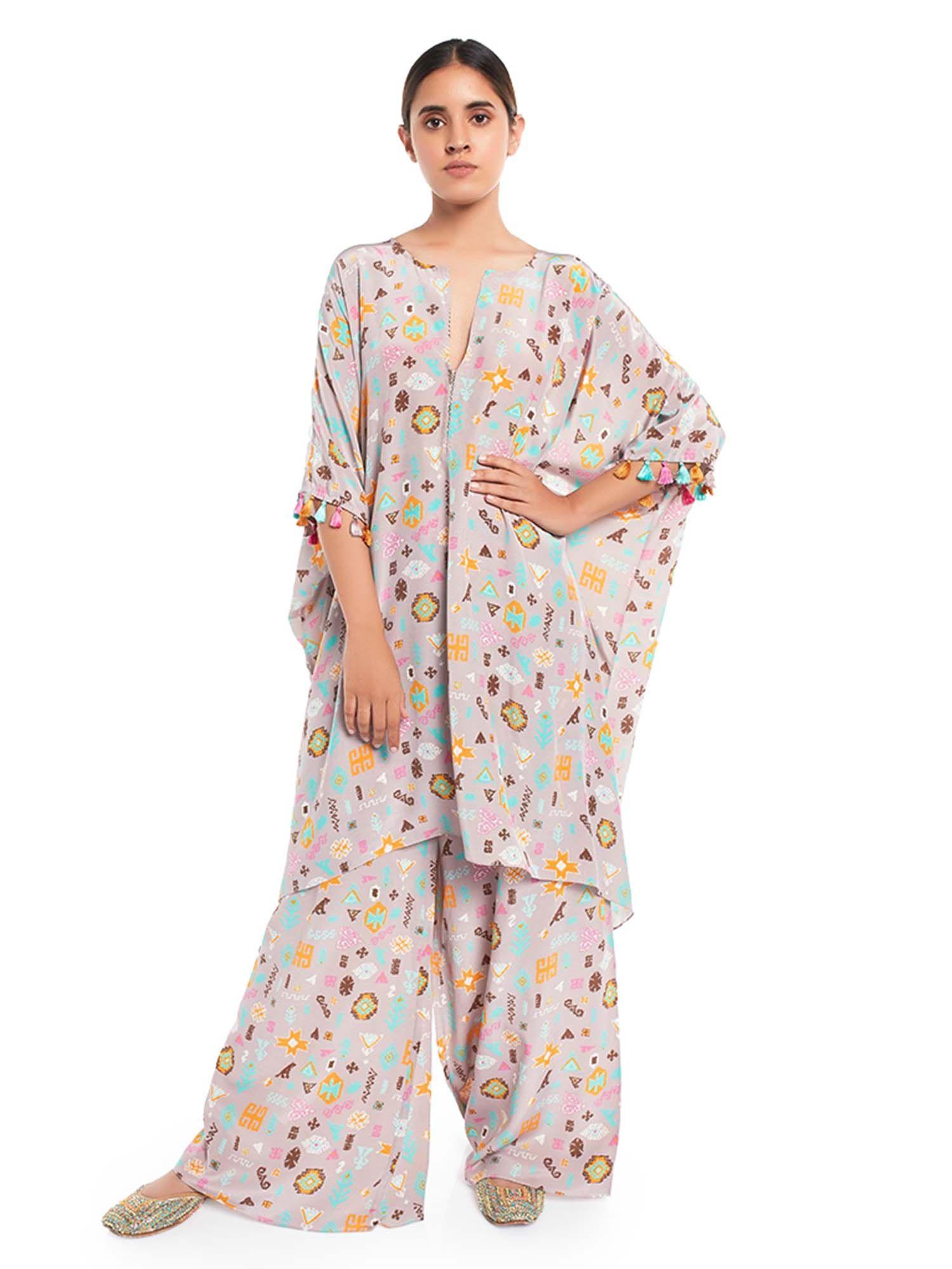 printed kaftaan with palazzo pants and matching reversible 3 ply mask (set of 3)