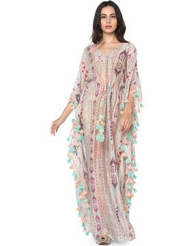 printed kaftan dress with waist tie-up