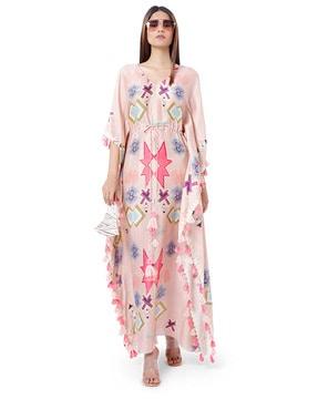 printed kaftan dress with waist tie-up