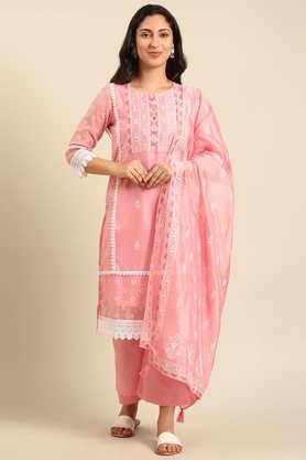 printed knee length chanderi woven women's kurta set - pink
