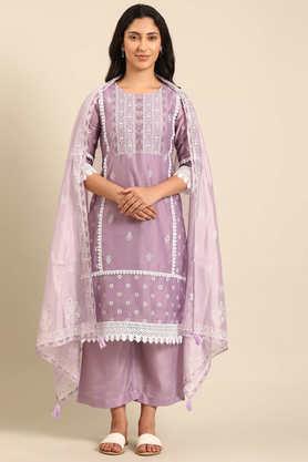 printed knee length chanderi woven women's kurta set - purple