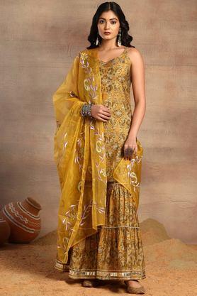 printed knee length chanderi woven women's kurta set - yellow