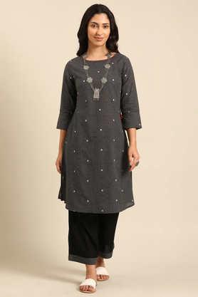 printed knee length cotton blend woven women's kurta set - black