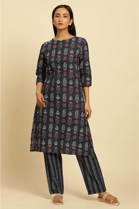 printed knee length cotton woven women's kurta set - blue