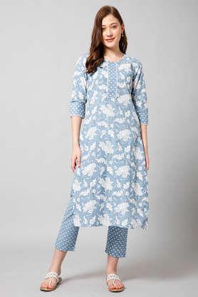 printed knee length cotton woven women's kurta set - grey