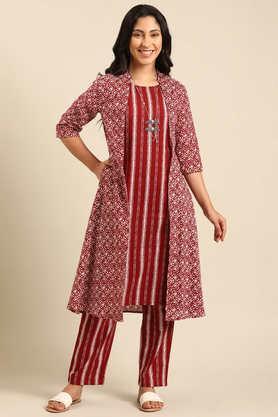 printed knee length cotton woven women's kurta set - red