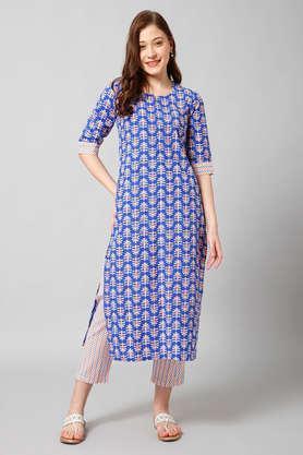 printed knee length cotton woven women's kurta set - royal blue