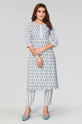 printed knee length cotton woven women's kurta set - white