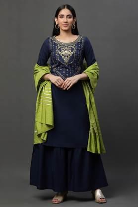 printed knee length cotton woven women's short kurta, sharara and dupatta set - blue