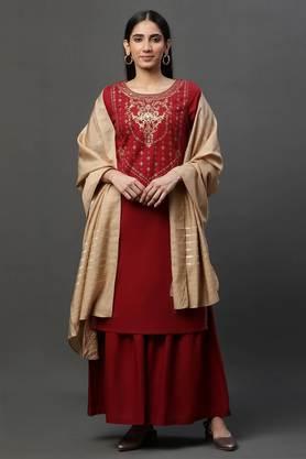 printed knee length cotton woven women's short kurta, sharara and dupatta set - red