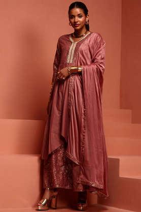 printed knee length polyester woven women's kurta set - red