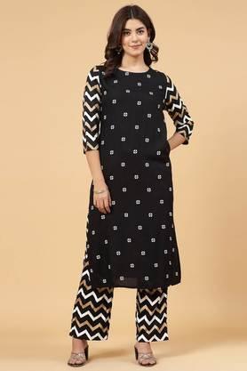 printed knee length rayon woven women's kurta and palazzo set - black