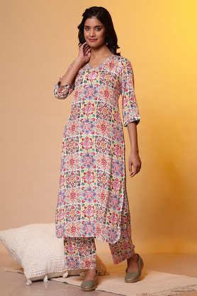 printed knee length rayon woven women's kurta set - multi