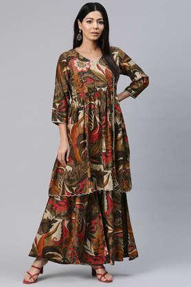 printed knee length silk women's kurta set - brown