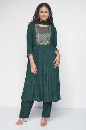 printed knee length viscose woven women's kurta set - dark green