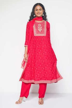 printed knee length viscose woven women's kurta set - red