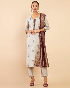 printed kurta set with woven dupatta