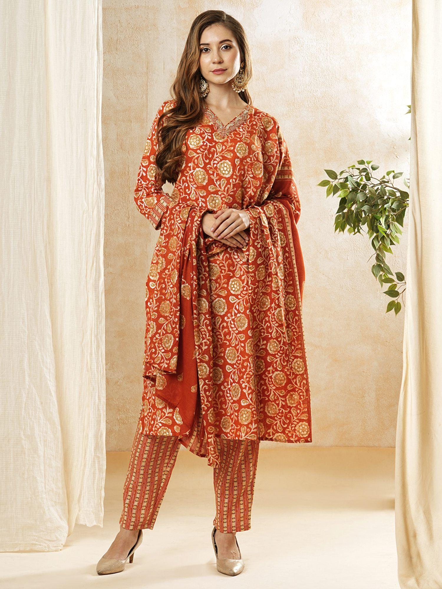 printed kurta with pants & dupatta - rust orange (set of 3)