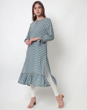 printed kurta with ruffled hemline