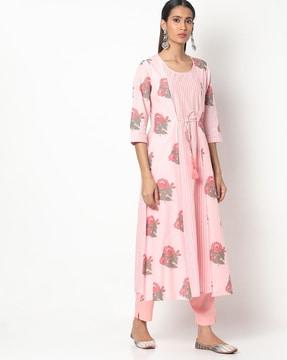 printed layered a-line kurta with tie-up