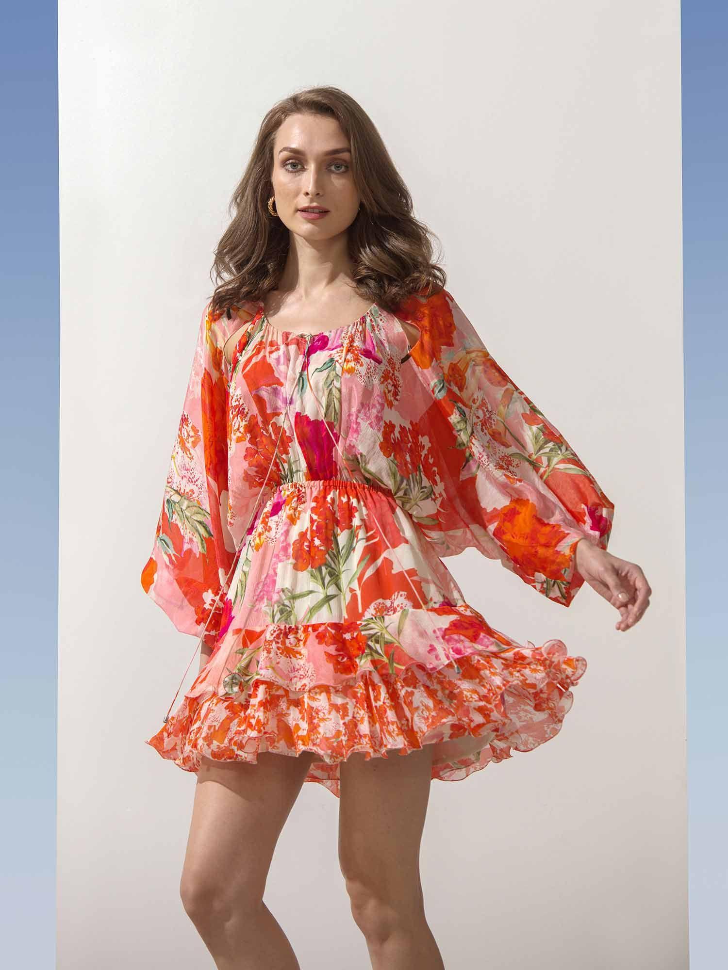 printed layered dress with batwing sleeves