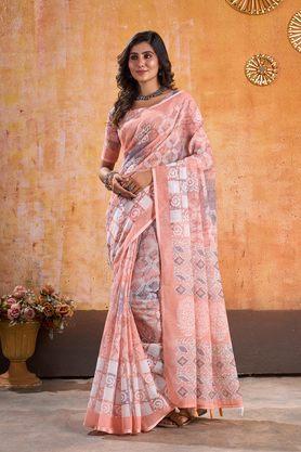 printed linen blend festive wear women's saree - peach