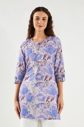 printed linen collared women's tunic - lavender