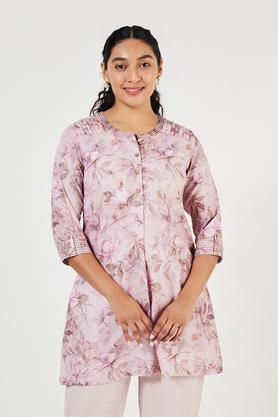 printed linen collared women's tunic - lilac