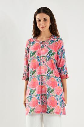 printed linen collared women's tunic - pink