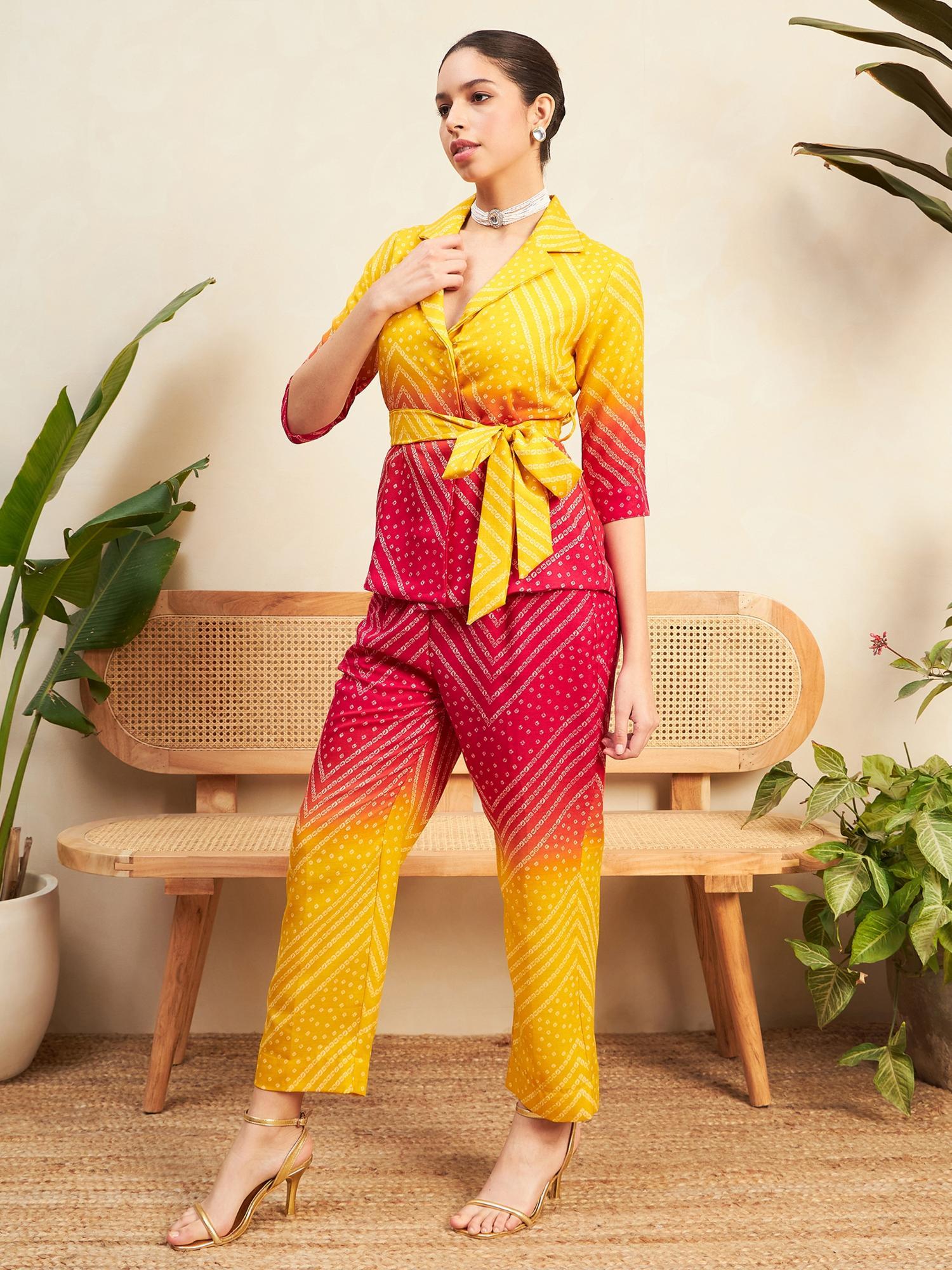 printed linen jacket and pants yellow (set of 3)