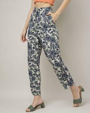 printed linen mix straight fit trousers