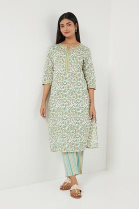 printed linen regular fit women's kurta set - green