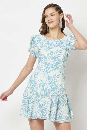 printed linen round neck women's mini dress - sky blue