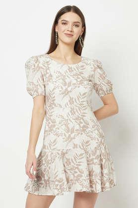 printed linen round neck women's mini dress - tan