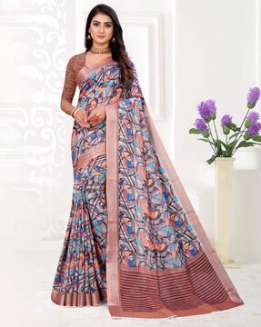 printed linen saree with contrast border