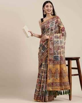 printed linen saree with tassels