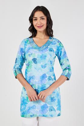 printed linen v-neck women's tunic - blue
