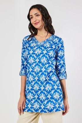 printed linen v-neck women's tunic - indigo