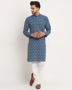 printed long kurta with mandarin collar