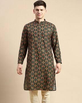 printed long kurta with mandarin collar