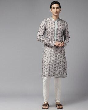 printed long kurta with mandarin collar