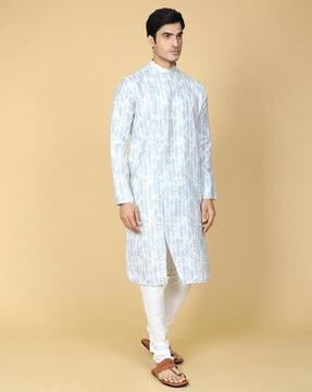 printed long kurta with mandarin collar