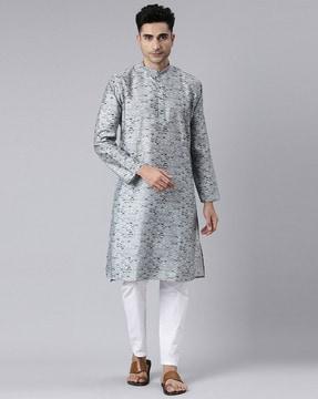 printed long kurta with mandarin collar